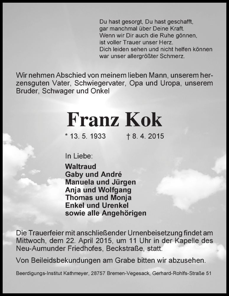 Traueranzeige von Franz Kok von Die Norddeutsche