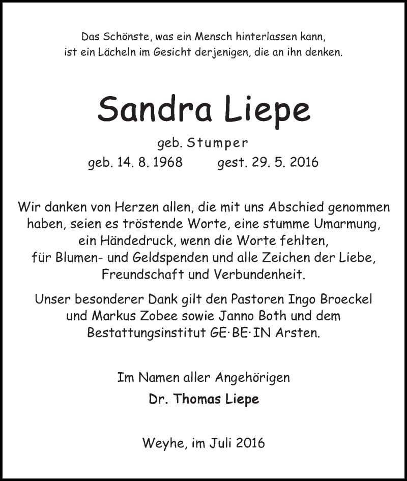 Traueranzeige von Sandra Liepe von WESER-KURIER
