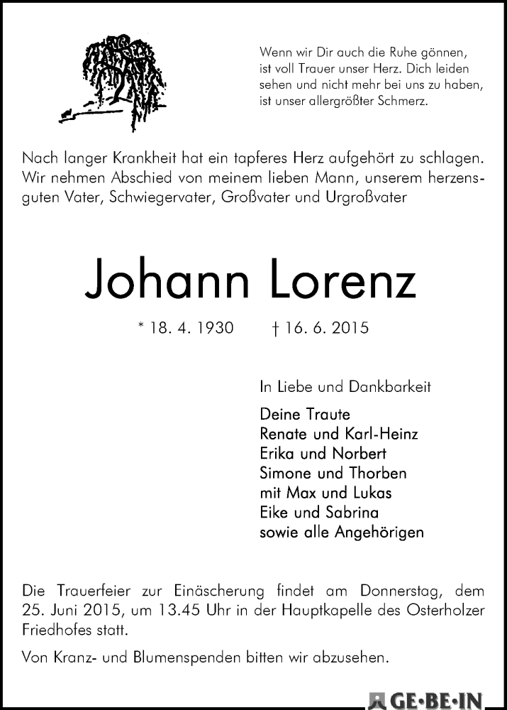Traueranzeige von Johann Lorenz von WESER-KURIER
