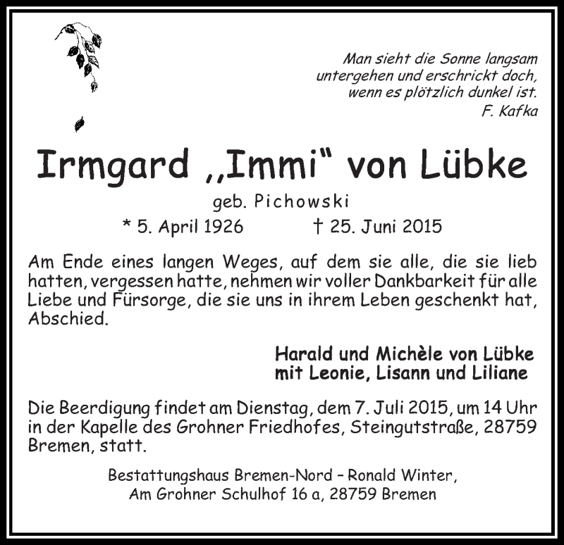 Traueranzeige von Irmgard von Lübke von Die Norddeutsche