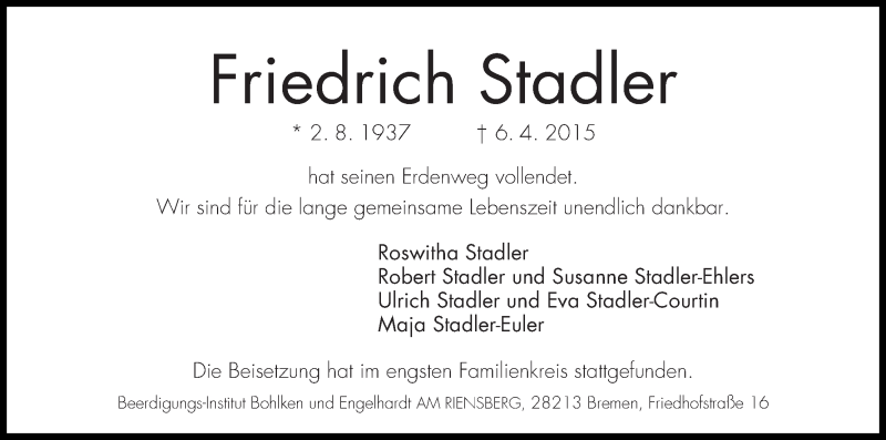 Traueranzeige von Friedrich Stadler von WESER-KURIER