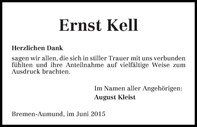 Traueranzeige von Ernst Kell von Die Norddeutsche