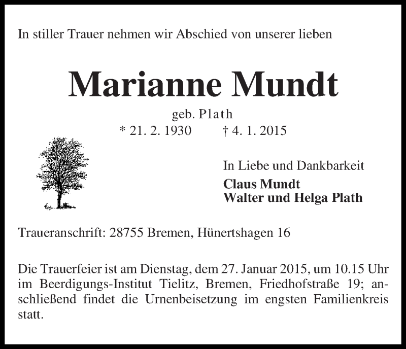 Traueranzeige von Marianne Mundt von WESER-KURIER