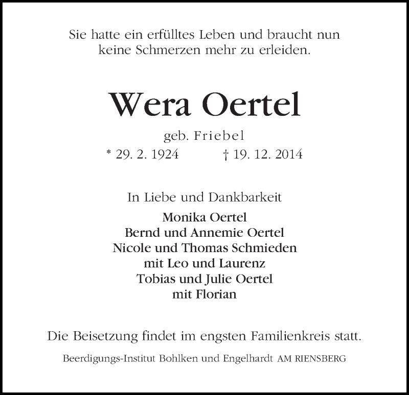 Traueranzeige von Wera Oertel von WESER-KURIER