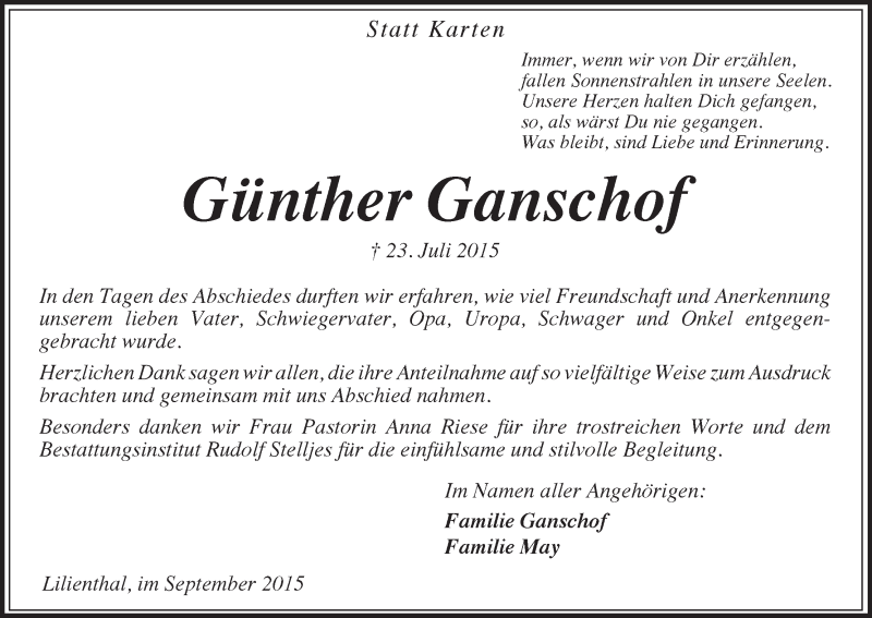 Traueranzeige von Günther Ganschof von Wuemme Zeitung