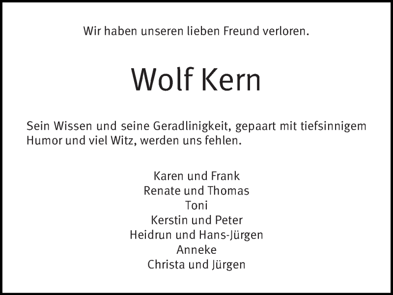Traueranzeige von Wolf Kern von Wuemme Zeitung