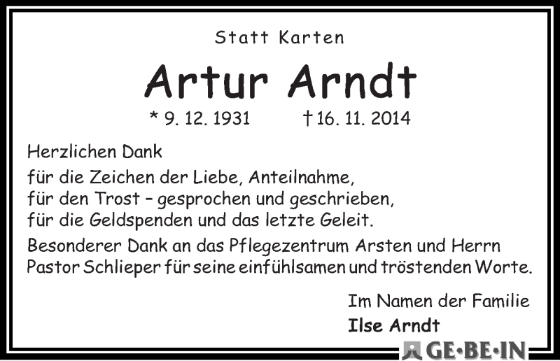 Traueranzeige von Artur Arndt von WESER-KURIER