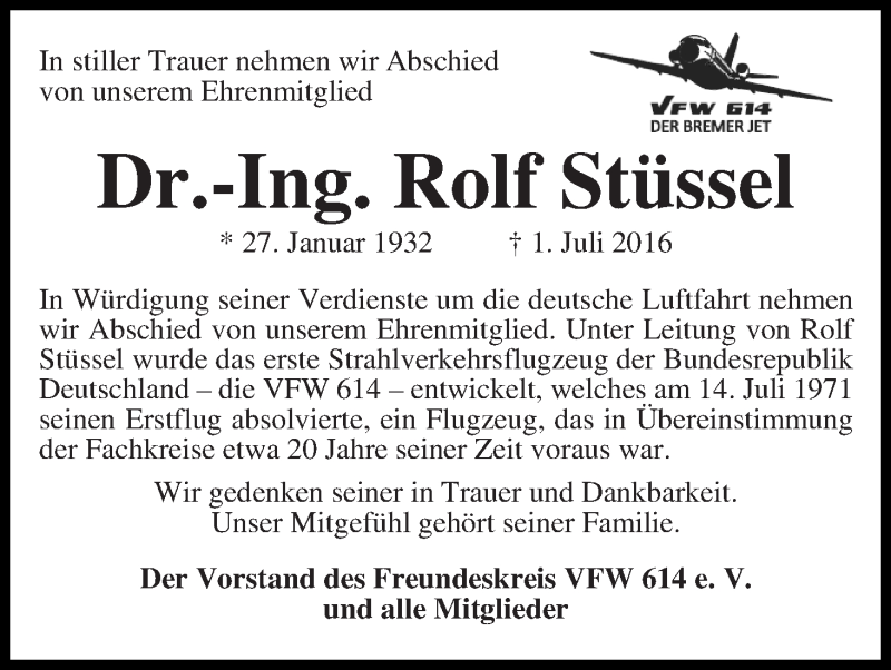 Traueranzeige von Rolf Stüssel von WESER-KURIER
