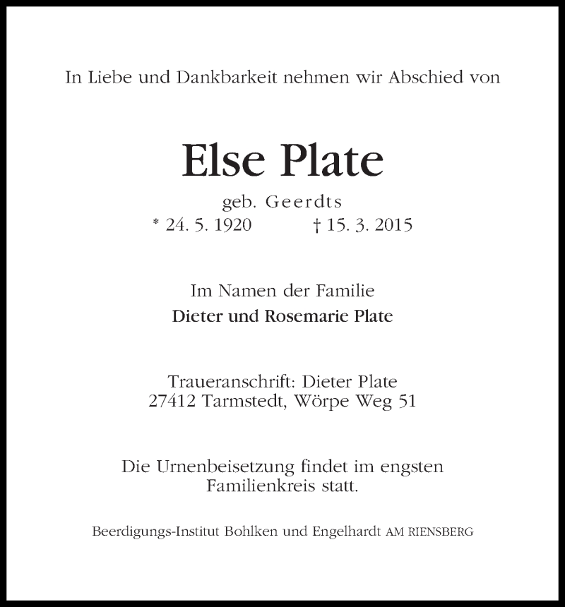Traueranzeige von Else Plate von WESER-KURIER