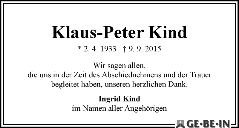 Traueranzeige von Klaus-Peter Kind von WESER-KURIER