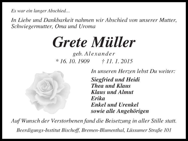 Traueranzeige von Grete Müller von Die Norddeutsche