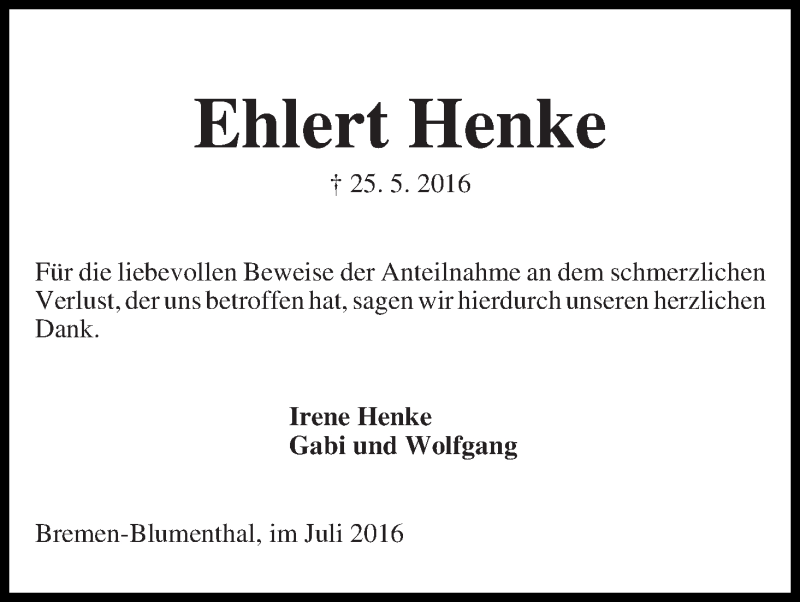 Traueranzeige von Ehlert Henke von Die Norddeutsche