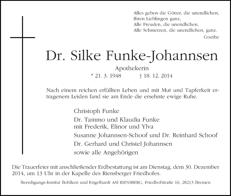Traueranzeige von Silke Funke-Johannsen von WESER-KURIER
