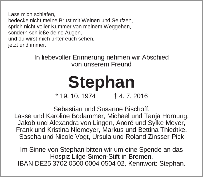Traueranzeige von Stephan  von WESER-KURIER