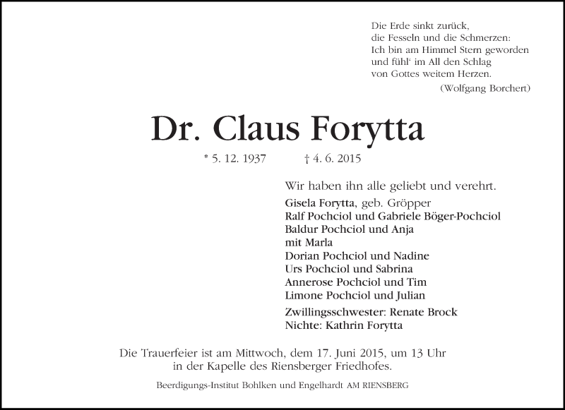 Traueranzeige von Claus Forytta von WESER-KURIER