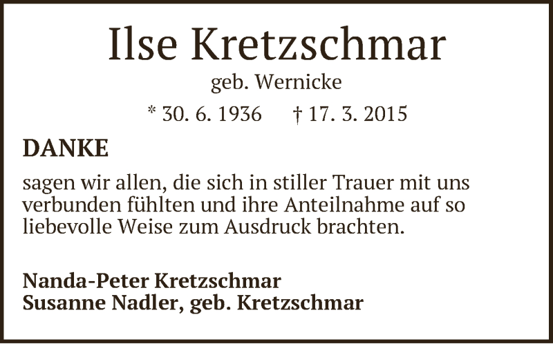 Traueranzeige von Ilse Kretzschmar von Die Norddeutsche