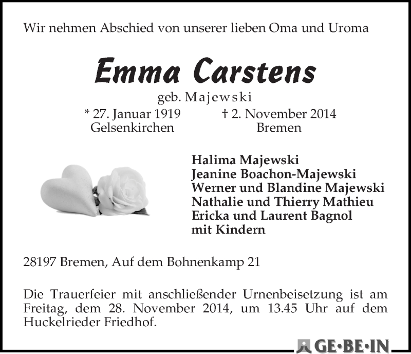 Traueranzeige von Emma Carstens von WESER-KURIER