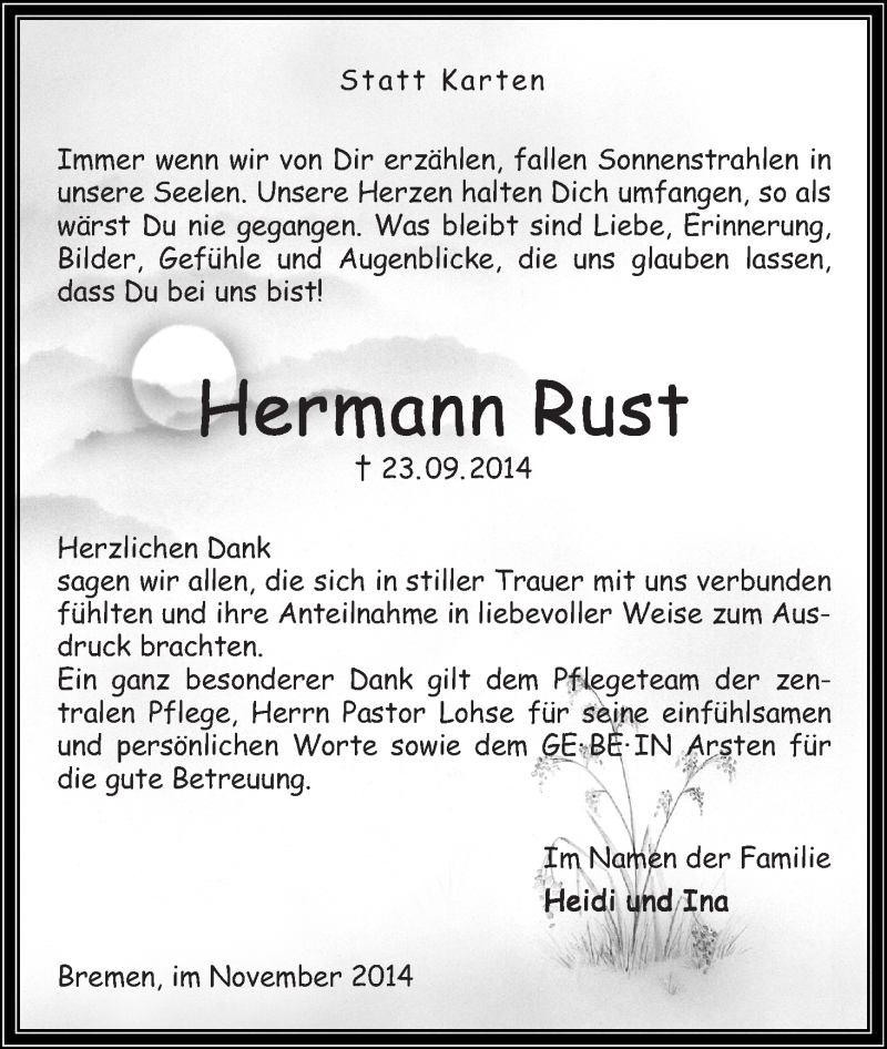 Traueranzeige von Hermann Rust von WESER-KURIER