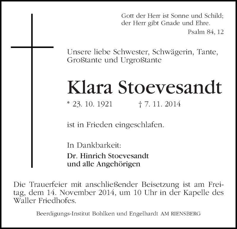 Traueranzeige von Klara Stoevesandt von WESER-KURIER