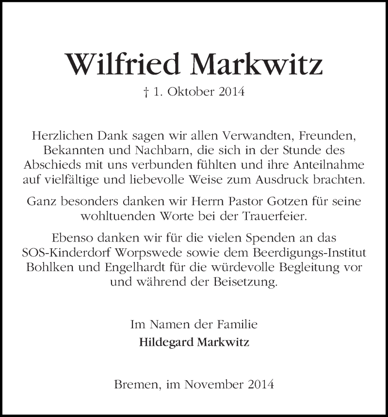 Traueranzeige von Wilfried Markwitz von WESER-KURIER
