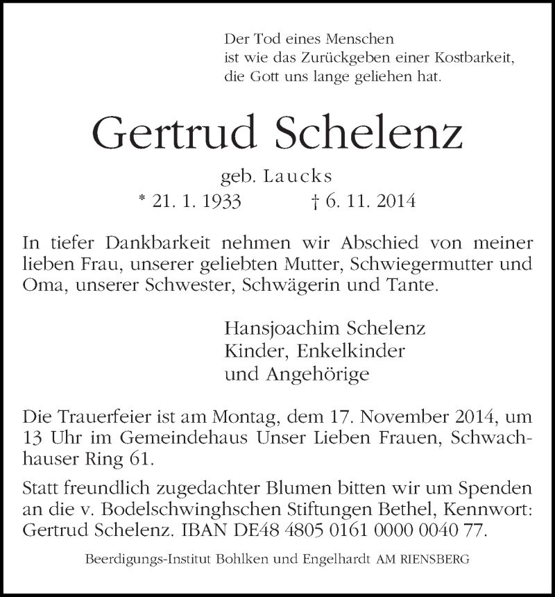 Traueranzeige von Gertrud Schelenz von WESER-KURIER