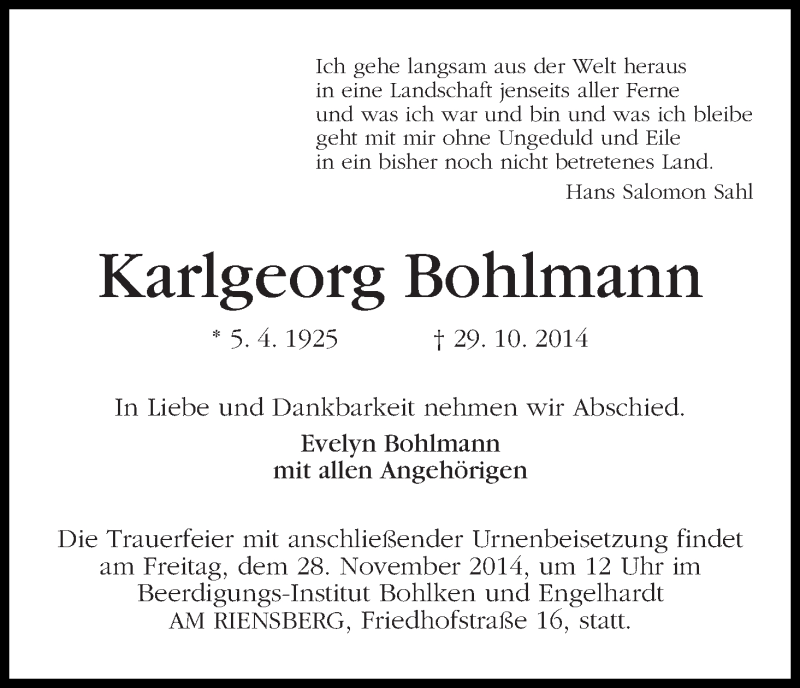 Traueranzeige von Karlgeorg Bohlmann von WESER-KURIER