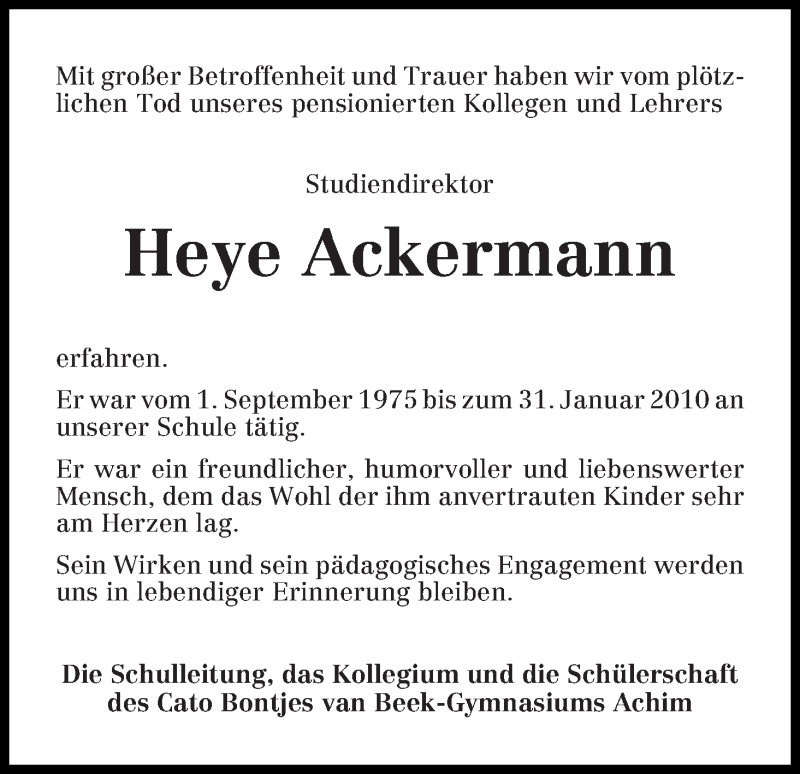 Traueranzeige von Heye Ackermann von WESER-KURIER