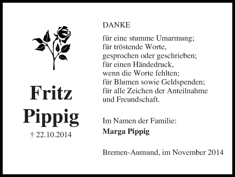 Traueranzeige von Fritz Pippig von Die Norddeutsche