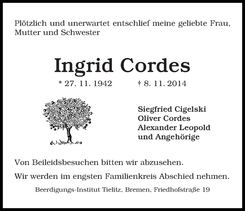 Traueranzeige von Ingrid Cordes von WESER-KURIER