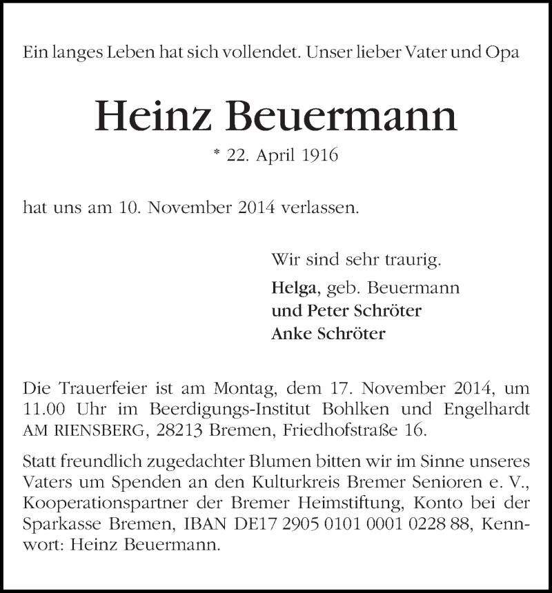 Traueranzeige von Heinz Beuermann von WESER-KURIER