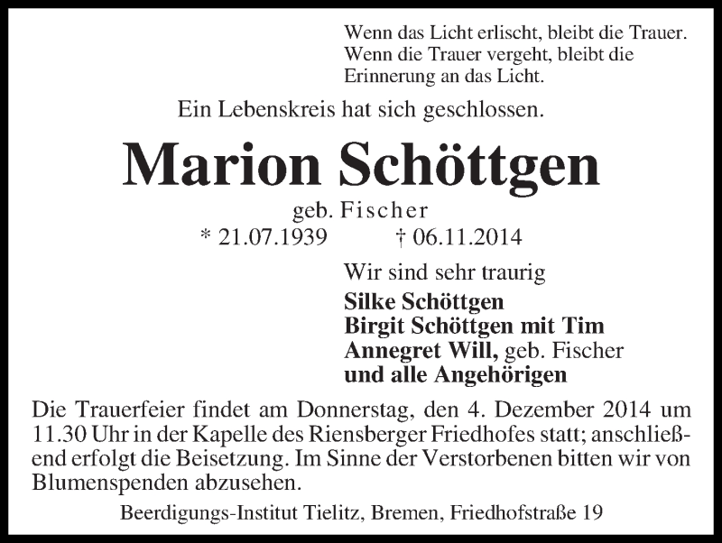 Traueranzeige von Marion Schöttgen von WESER-KURIER