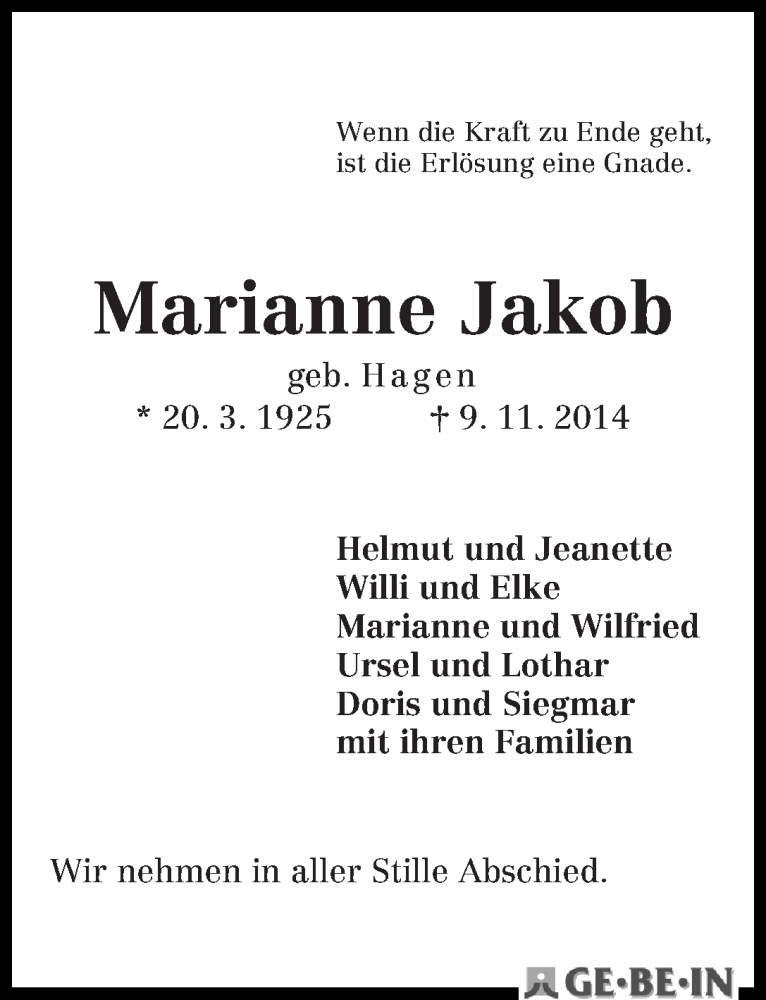 Traueranzeige von Marianne Jakob von WESER-KURIER