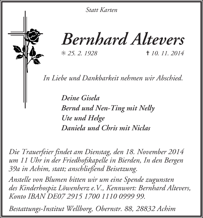 Traueranzeige von Bernhard Altevers von WESER-KURIER
