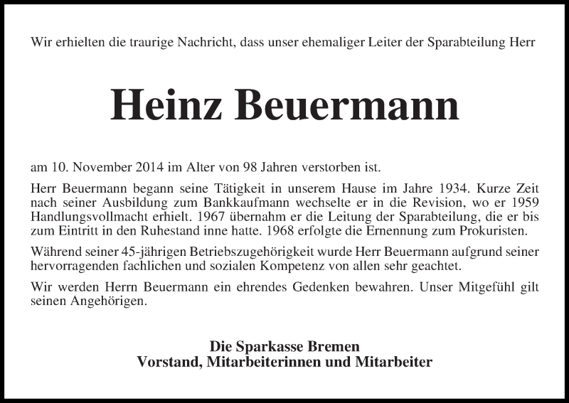 Traueranzeige von Heinz Beuermann von WESER-KURIER