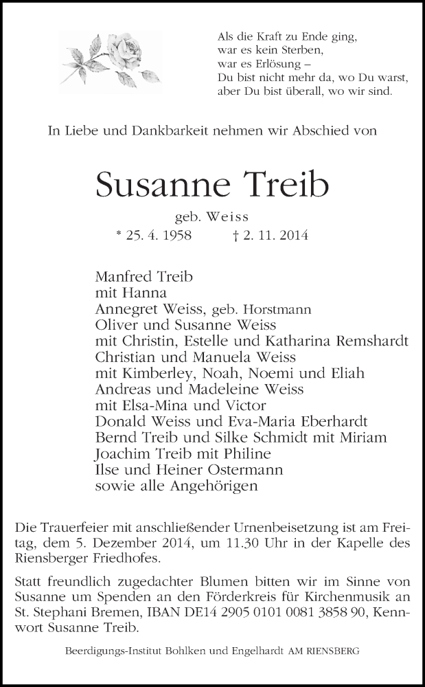 Traueranzeige von Susanne Treib von WESER-KURIER