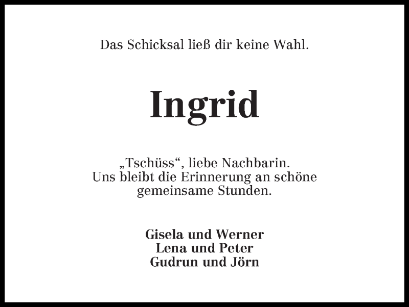 Traueranzeige von Ingrid Cordes von WESER-KURIER