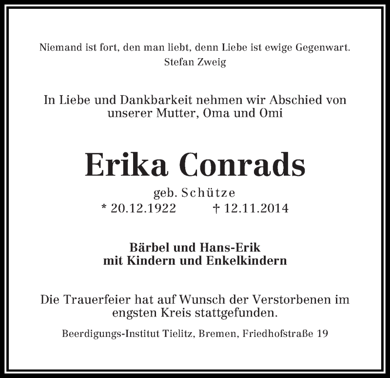 Traueranzeige von Erika Conrads von WESER-KURIER