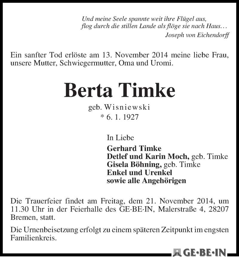 Traueranzeige von Berta Timke von WESER-KURIER