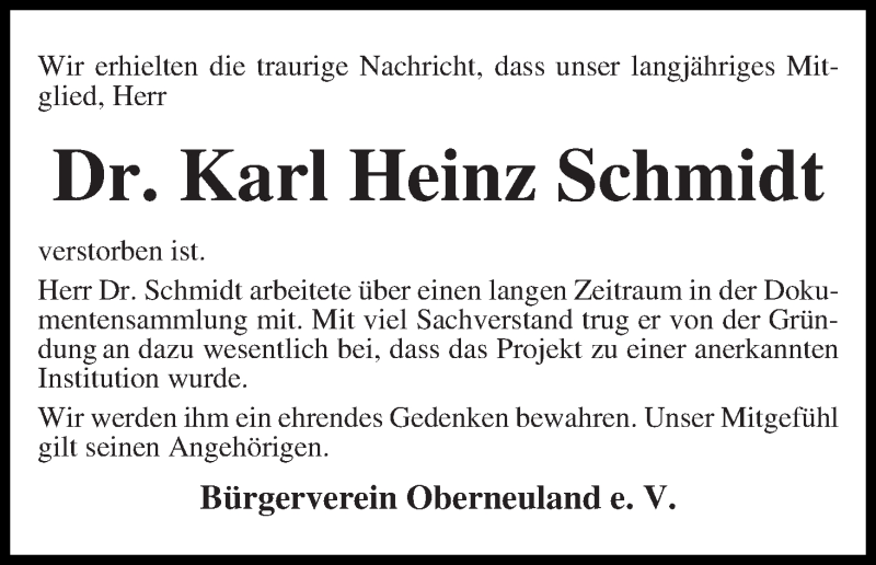 Traueranzeige von Karl Heinz Schmidt von WESER-KURIER
