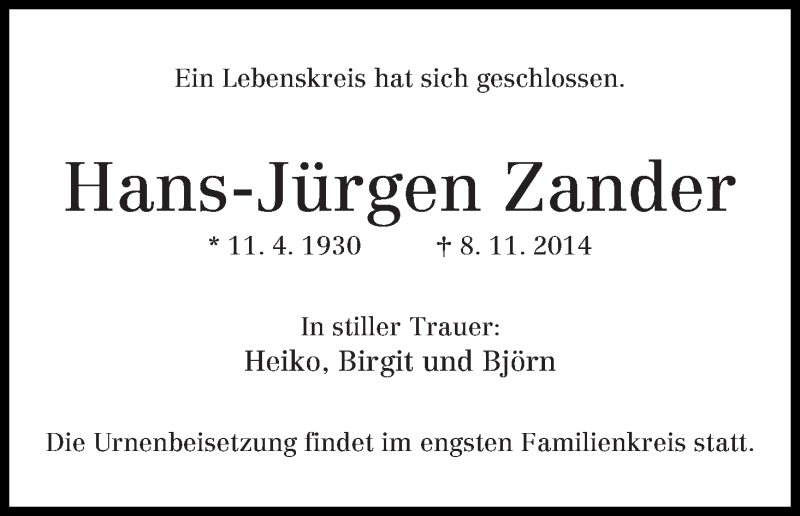 Traueranzeige von Hans-Jürgen Zander von WESER-KURIER