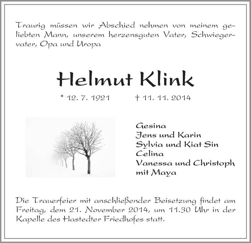 Traueranzeige von Helmut Klink von WESER-KURIER