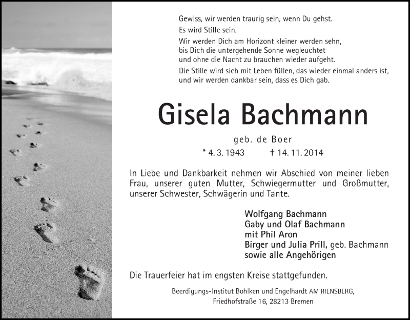 Traueranzeige von Gisela Bachmann von Wuemme Zeitung
