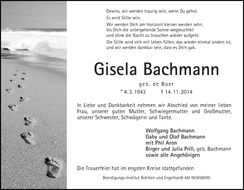 Traueranzeige von Gisela Bachmann von WESER-KURIER