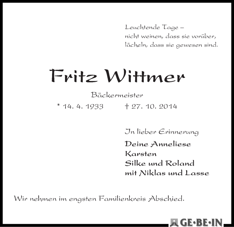Traueranzeige von Fritz Wittmer von WESER-KURIER