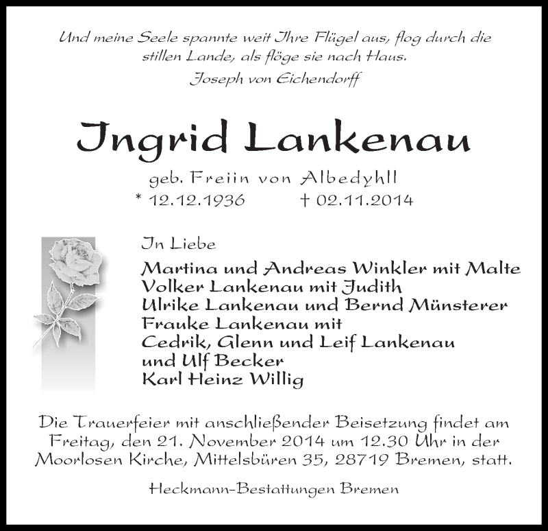 Traueranzeige von Ingrid Lankenau von Die Norddeutsche