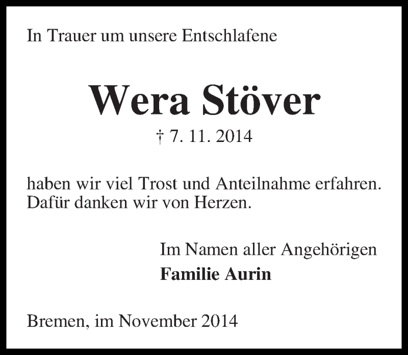 Traueranzeige von Wera Stöver von WESER-KURIER