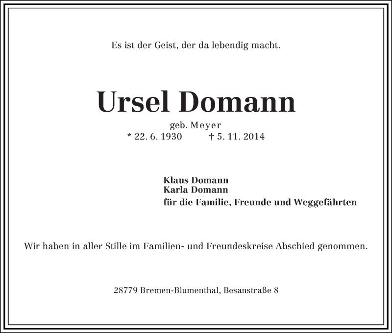 Traueranzeige von Ursula Domann von Die Norddeutsche