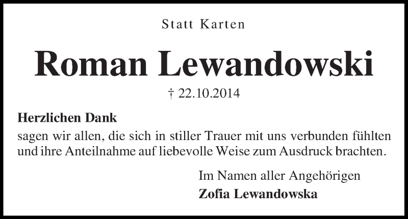 Traueranzeige von Roman Lewandowski von WESER-KURIER