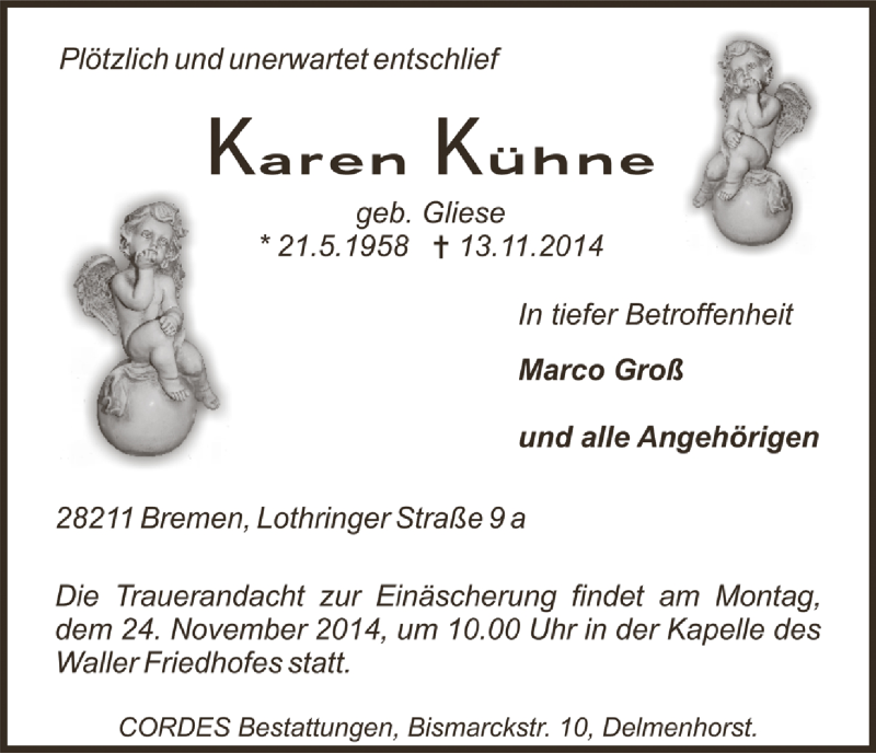 Traueranzeige von Karen Kühne von WESER-KURIER