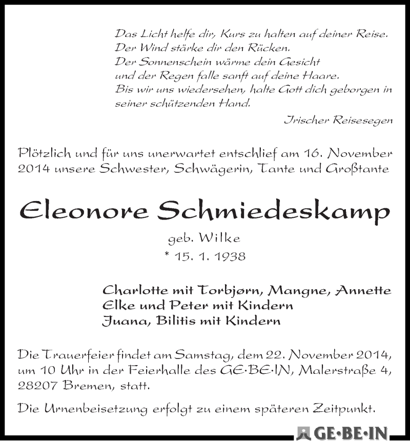 Traueranzeige von Eleonore Schmiedeskamp von WESER-KURIER